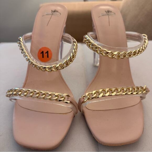 Bisou Bisou Gold Chain Clear Tan Open Toe Heeled Sandals Womens 11 Sexy Party - Picture 3 of 9